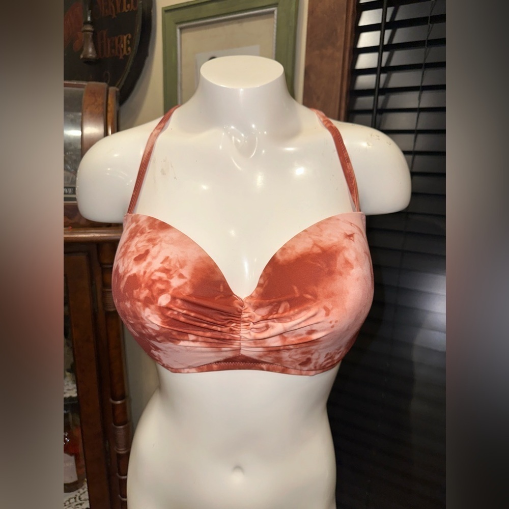 EUC Shade & Shore Bikini Top 34DD Brown Pink Tie Dye Back Net Tassel Strappy